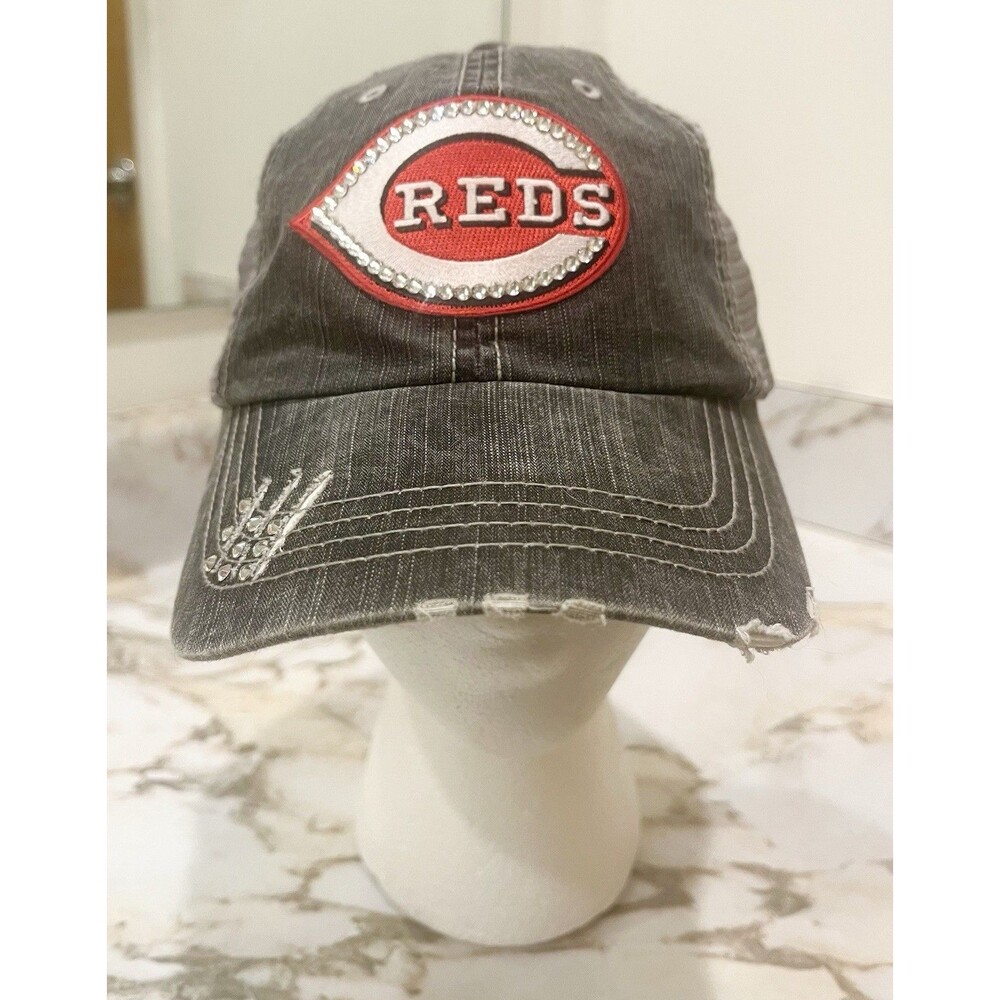 Cincinnati Reds Chasing Elly Trucker Hat Rhinestone Logo Distressed Gray Cap